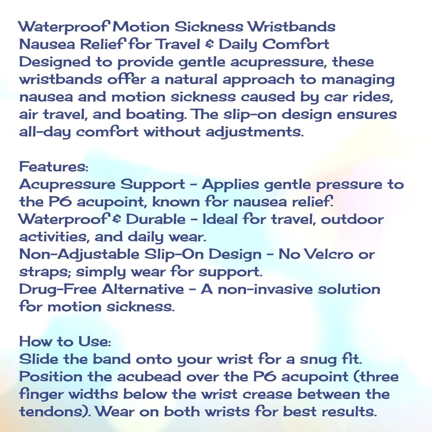 Motion Sickness Relief Acupressure Wristbands for Kids and Adults – Waterproof, Slip-On, Nausea Relief, Motion Sickness, Travel (2 Pack) (Royal Blue, Medium 7)