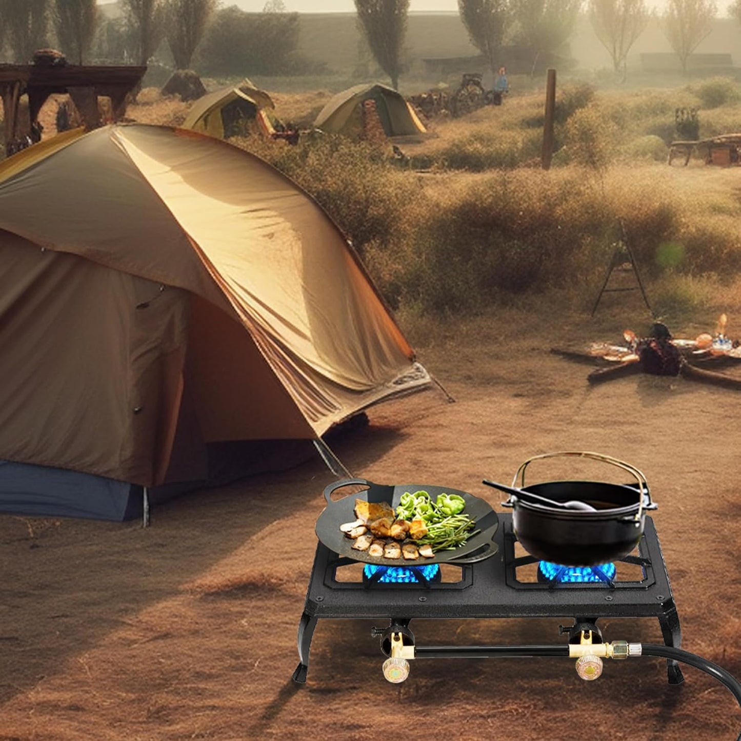 Vivicreate Cast Iron Propane Gas Stove Double Burner Heavy Duty Portable Removable Outdoor Cooker 200LB Support High Heat for Camping BBQ Fogon de Gas Estufa de Gas Portatil Parrillas de Gas