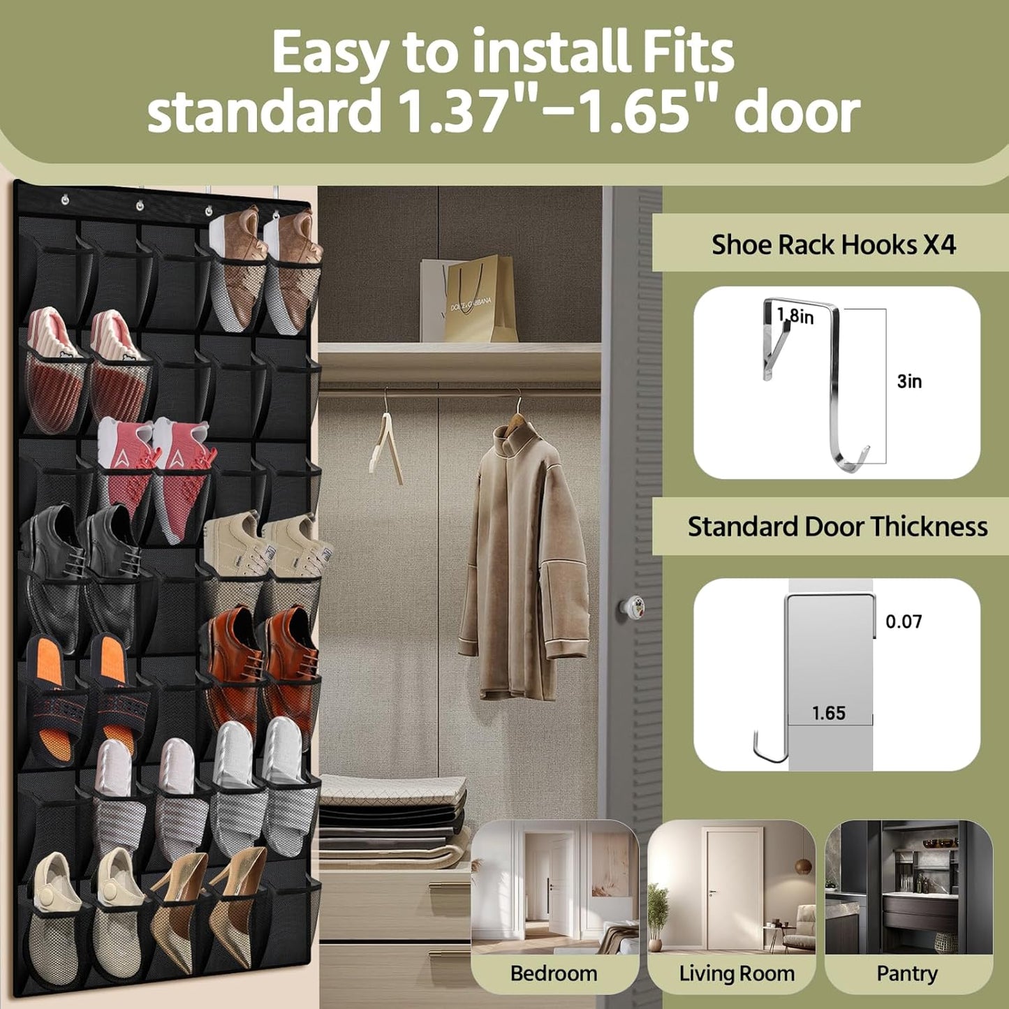 35 Pocket Over the Door Shoe Organizer,Reusable Breathable Large Mesh Bag Men's & Women's Sneaker Organizer,Shoe Organizer for Kids,Hanging Shoe Storage Hanging Bag (Black)