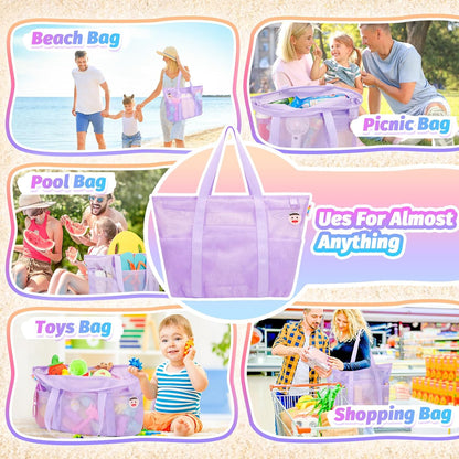 Tagitary Mesh Beach Bag with Zipper Large Beach Tote Waterproof Sandproof with 8 Pockets for Toys Pool Bag Beach Accessories