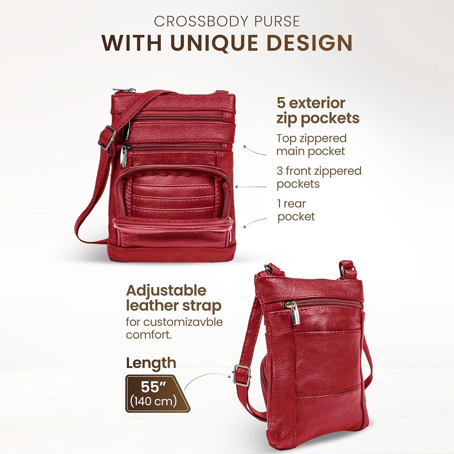 Krediz leather Crossbody Purses for Women, Multi Pocket Crossbody Purse with Adjustable Strap, Soft & Durable Leather Purse