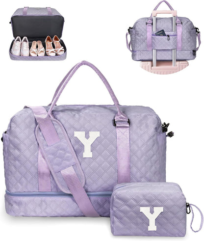 College Roommate Gifts, Teen Girls Gift Ideas-Girl Initial Travel Bags with Shoe Compartment, Personalized Weekender Bag, Overnight Bag for Women, Travel Bag with Makeup Bag (Letter Y)