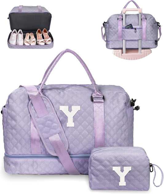 College Roommate Gifts, Teen Girls Gift Ideas-Girl Initial Travel Bags with Shoe Compartment, Personalized Weekender Bag, Overnight Bag for Women, Travel Bag with Makeup Bag (Letter Y)