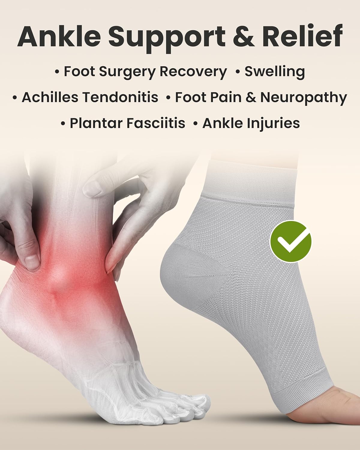 KEMFORD Ankle Compression Sleeve - Plantar Fasciitis Braces - Open Toe Compression Socks for Swelling, Sprain, Neuropathy, Foot Arch Support for Men and Women - 20-30mmhg, M, Grey