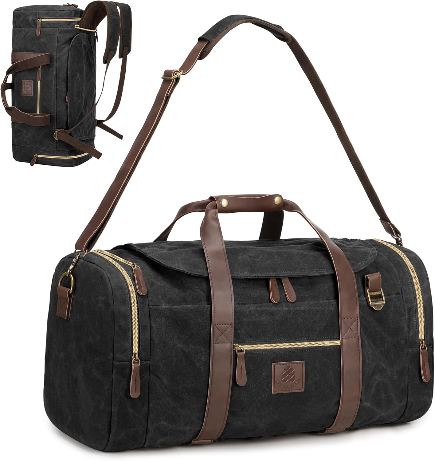 60L Duffle Bag for Men, Nomad Waxed Canvas Travel Duffel Bag Vintage Genuine Leather Travel Handbag Upgraded Weekender Overnight Backpack with Shoes Compartment (Vintage Black, X Large-60L)