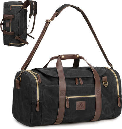 60L Duffle Bag for Men, Nomad Waxed Canvas Travel Duffel Bag Vintage Genuine Leather Travel Handbag Upgraded Weekender Overnight Backpack with Shoes Compartment (Vintage Black, X Large-60L)