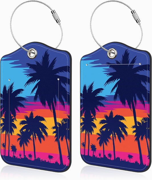 Set of 2 Luggage Tags for Suitcases Coconut Trees at Sunset Leather Suitcase Tags Identifiers with Privacy Name Address Label and Stainless Steel Loop for Women Men Travel Luggage Accessories