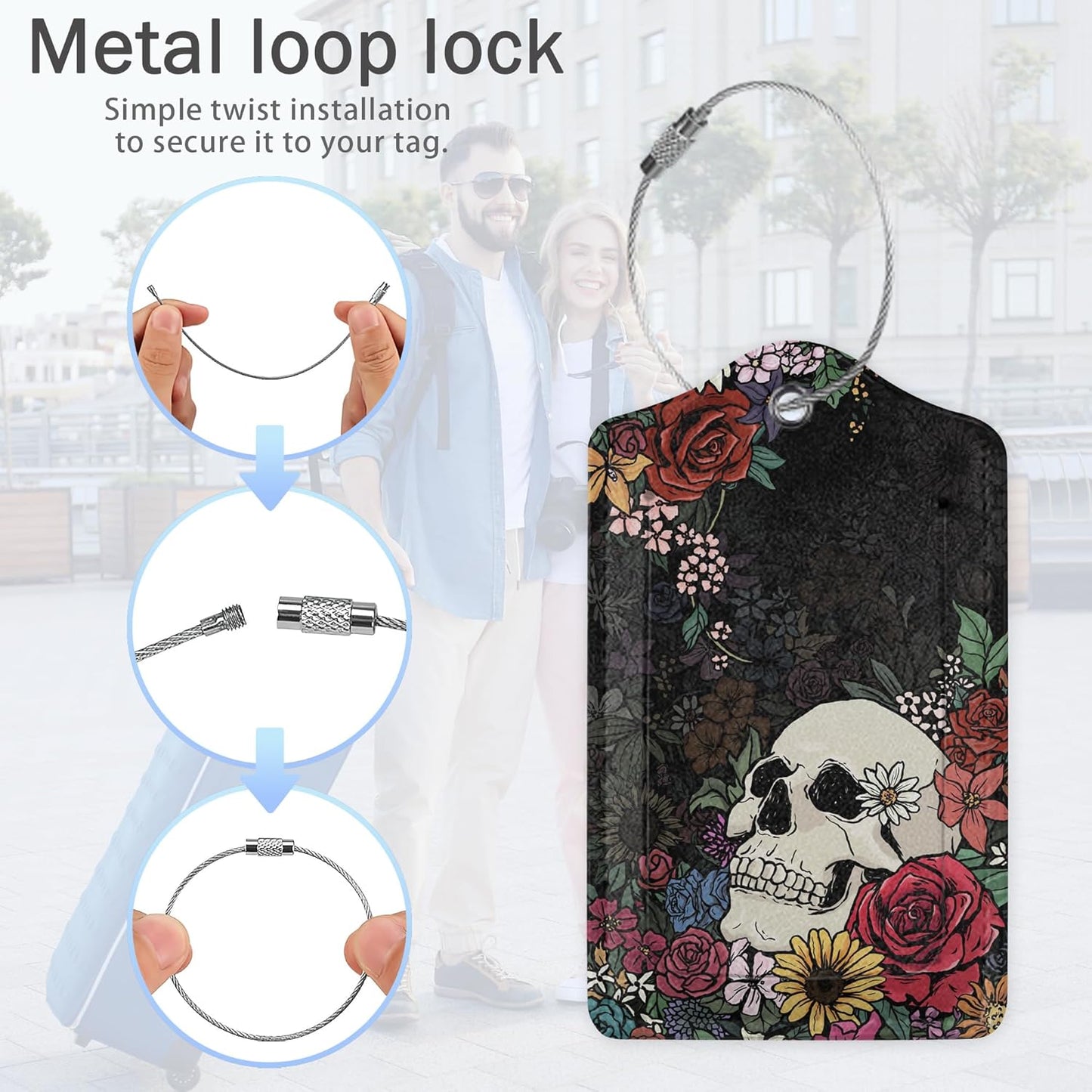 Skull Flowers Luggage Tags,2 Pack Luggage Tag,Leather Privacy Cover ID Label with Stainless Steel Loop for Women Men Kids Girls Travel