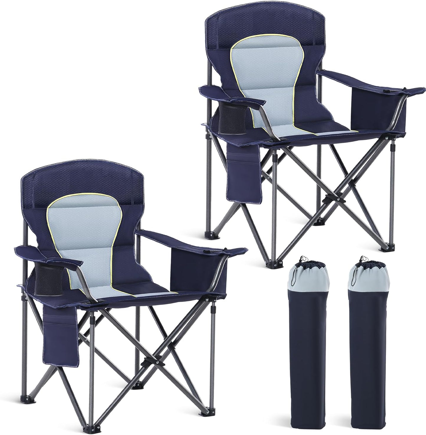 HIGH POINT SPORTS Oversized Camping Folding Chair, Heavy Duty Portable Outdoor Chair, Foldable Camp Chair with Cup Holder and Cooler Bag Support 450 LBS, 2 Pack, Dark Blue