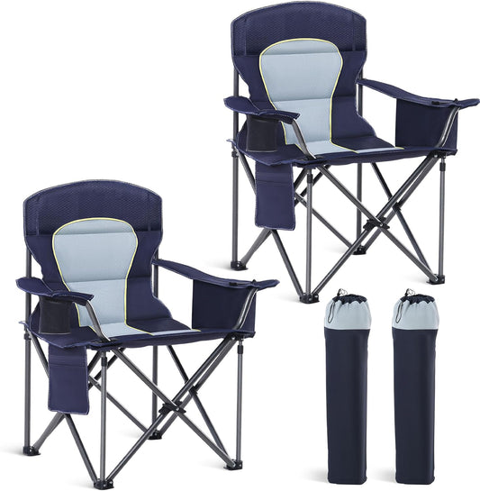 HIGH POINT SPORTS Oversized Camping Folding Chair, Heavy Duty Portable Outdoor Chair, Foldable Camp Chair with Cup Holder and Cooler Bag Support 450 LBS, 2 Pack, Dark Blue