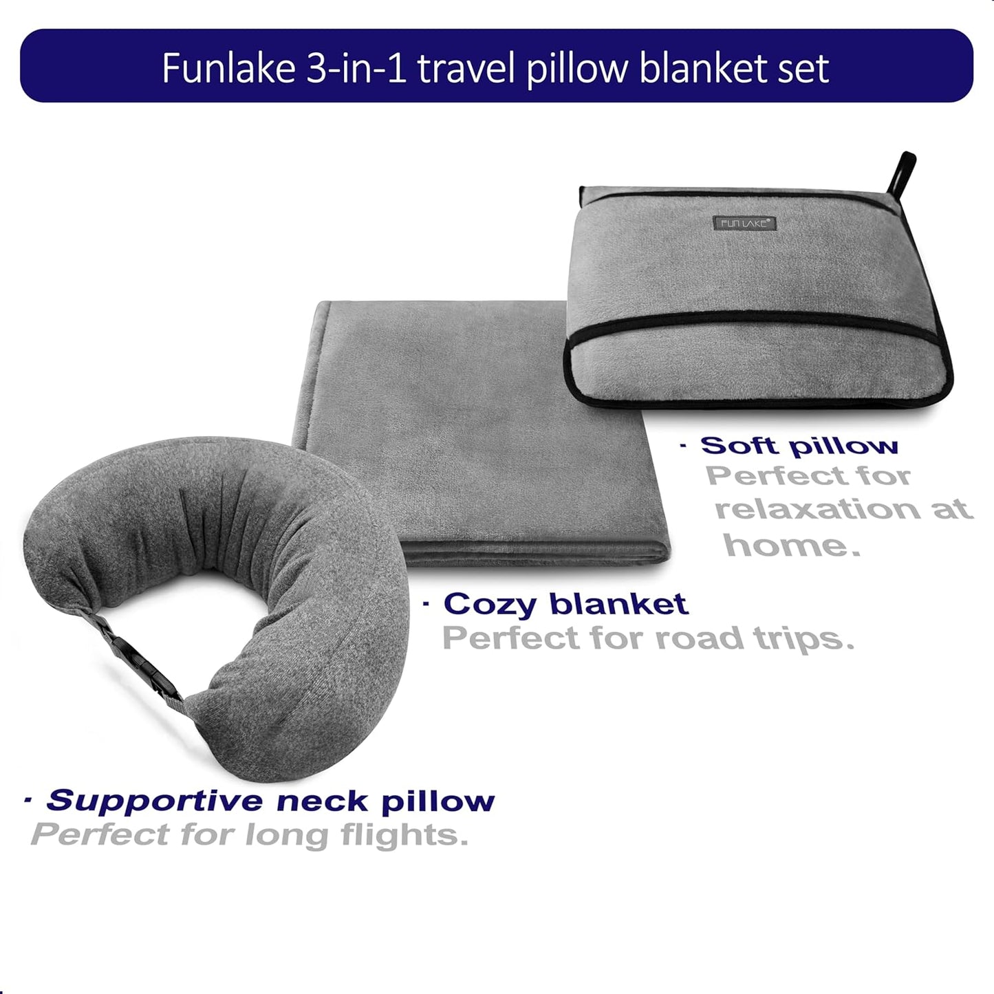 3-in-1 Travel Pillow Blanket Set - Soft Flannel Convertible Pillow, Blanket & Neck Pillow with Backpack Clip | Compact Travel Essentials for Airplane, Car, Office, Grey