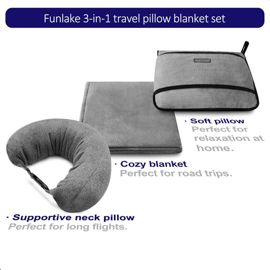 3-in-1 Travel Pillow Blanket Set - Soft Flannel Convertible Pillow, Blanket & Neck Pillow with Backpack Clip | Compact Travel Essentials for Airplane, Car, Office, Grey