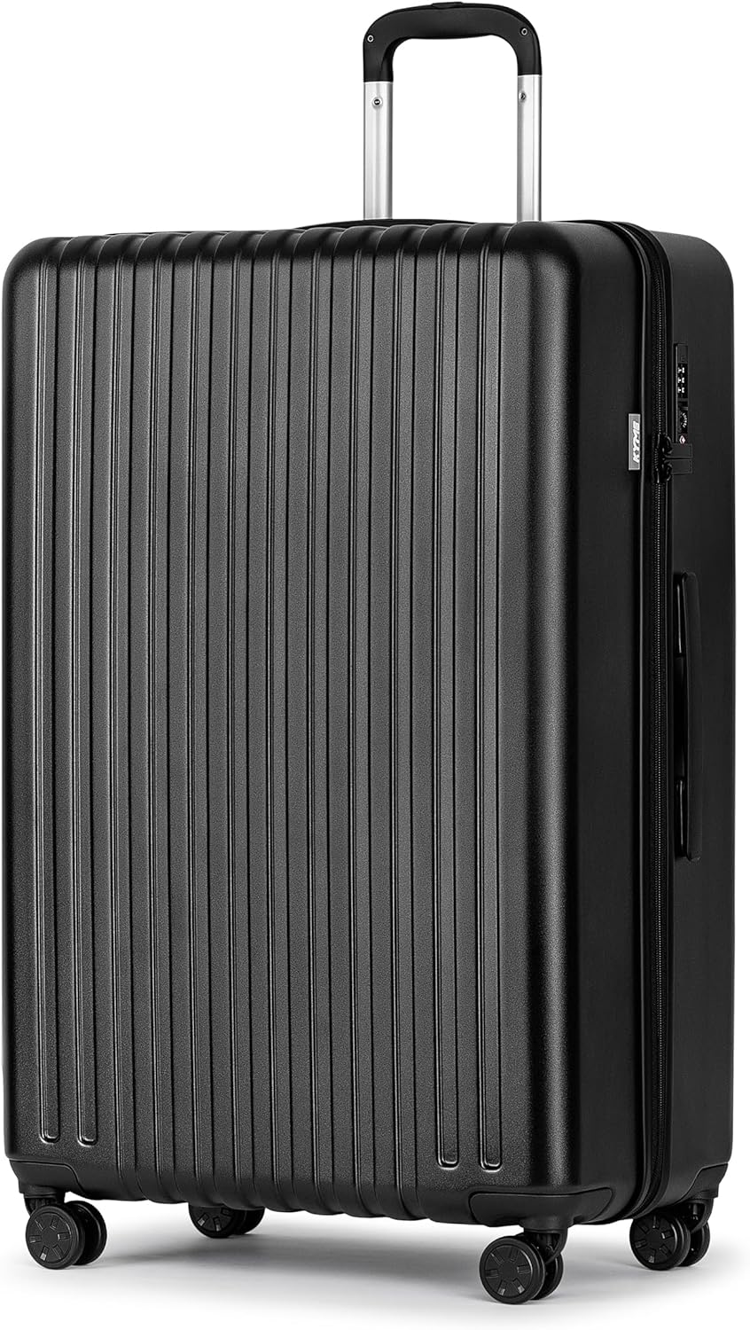 KYME 30-Inch Large Checked Luggage, 100% PC Hardside Suitcase with TSA Lock & Double Spinner Wheels, Durable Travel Hard Shell for Men & Women (Black)