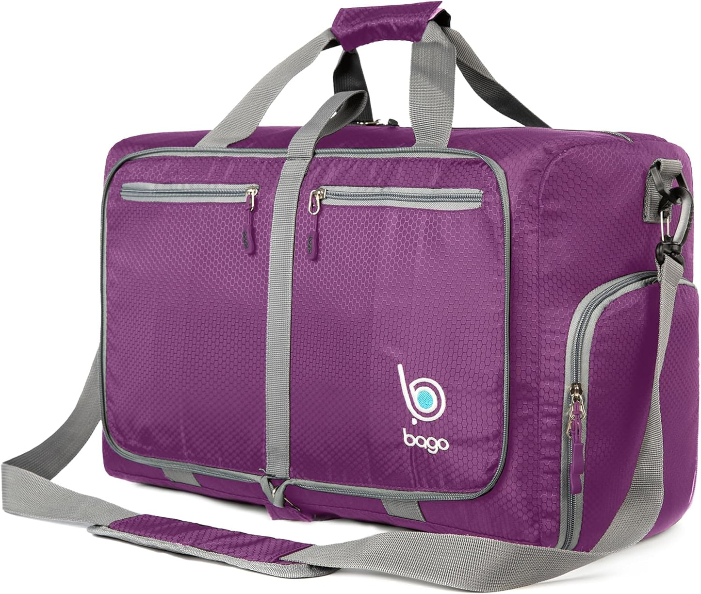 Bago Foldable Duffel Bags for Traveling Women & Men - 40L Sports Packable Duffle Bag for Travel with Shoe Compartment - Water Repellant, Heavy Duty, Lightweight Folding & Collapsible (Purple)