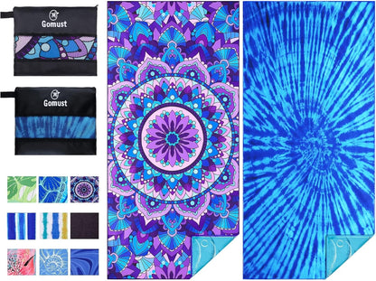 2 Pack Lightweight Thin Beach Towel Oversized 71"x32" Big Extra Large Microfiber Sand Free Towels for Adult Quick Dry Travel Camping Beach Accessories Vacation Essential Gift Tie Dye Purple Mandala