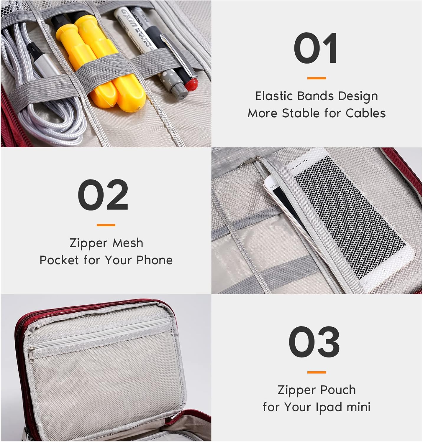 Electronics Organizer, OrgaWise Electronic Accessories Bag Travel Cable Organizer Three-Layer for iPad Mini, Kindle, Hard Drives, Cables, Chargers