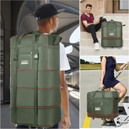 Expandable Large Capacity Travel Bag Oxford Cloth Duffel Bag with Wheels Lightweight Waterproof Travel Foldable Suitcase(ArmyGreen)