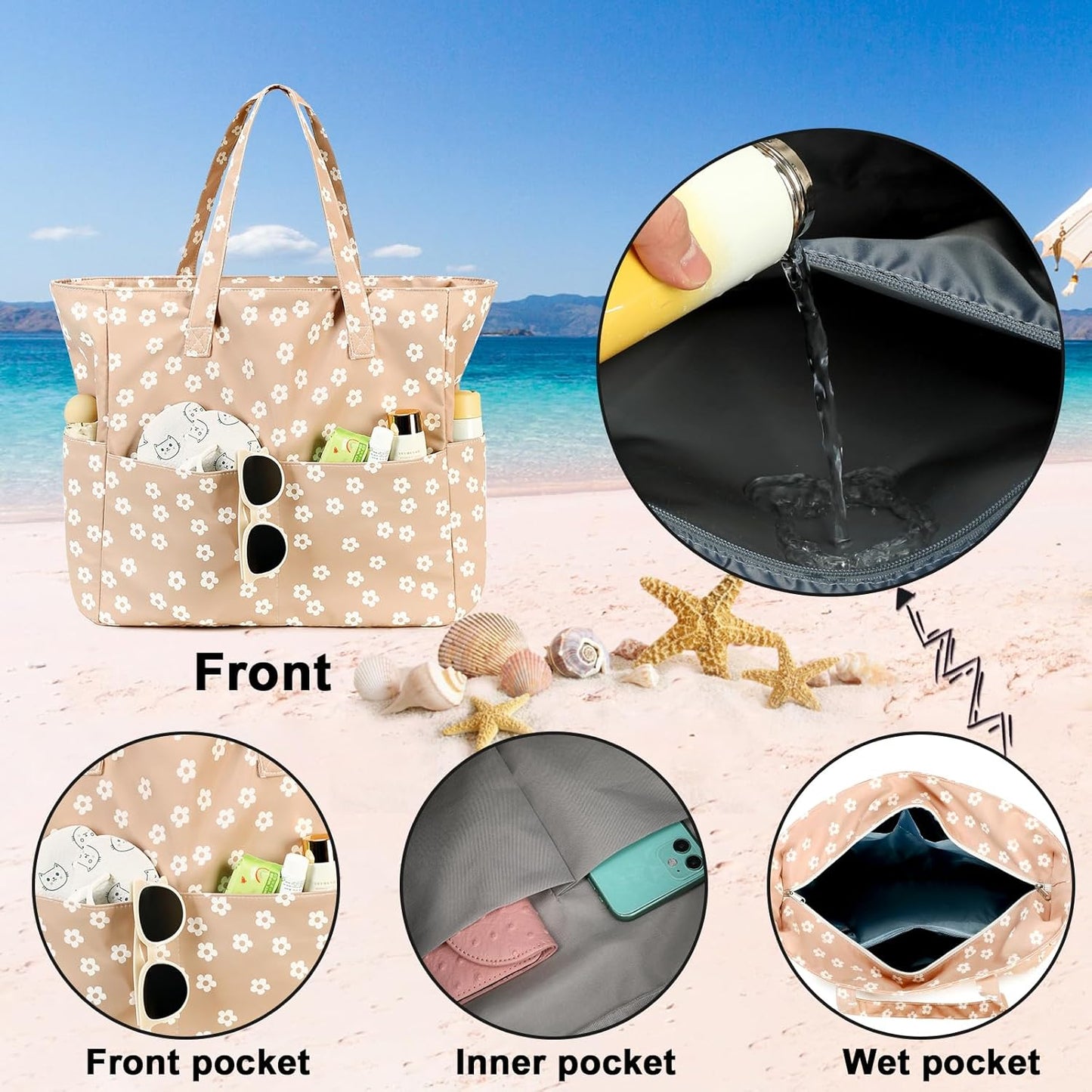 Waterproof Beach Tote Pool Bags for Women Ladies Extra Large Gym Tote Carry On Bag With Wet Compartment for Weekender Travel