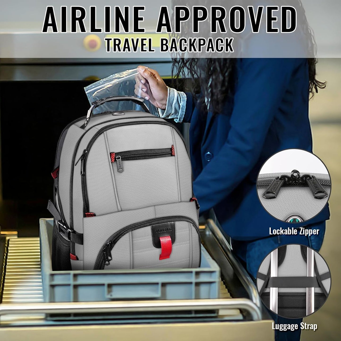 YOREPEK Travel Backpack, Extra Large 50L Laptop Backpacks for Men Women, Water Resistant College Backpack Airline Approved Business Work Bag with USB Charging Port Fits 17 Inch Computers, Light Grey