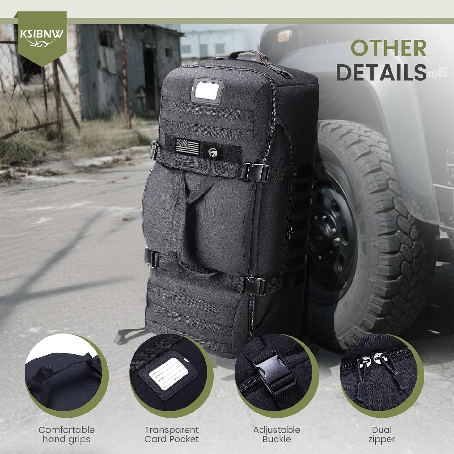 KSIBNW Rolling Duffel Bag with Wheels and Handle, 4 In 1 Tactical 86L Military Backpack with Hidden Straps,Waterproof Wheeled Large Duffle Bag for Travel,Durable MOLLE Luggage for Men & Women, Khaki