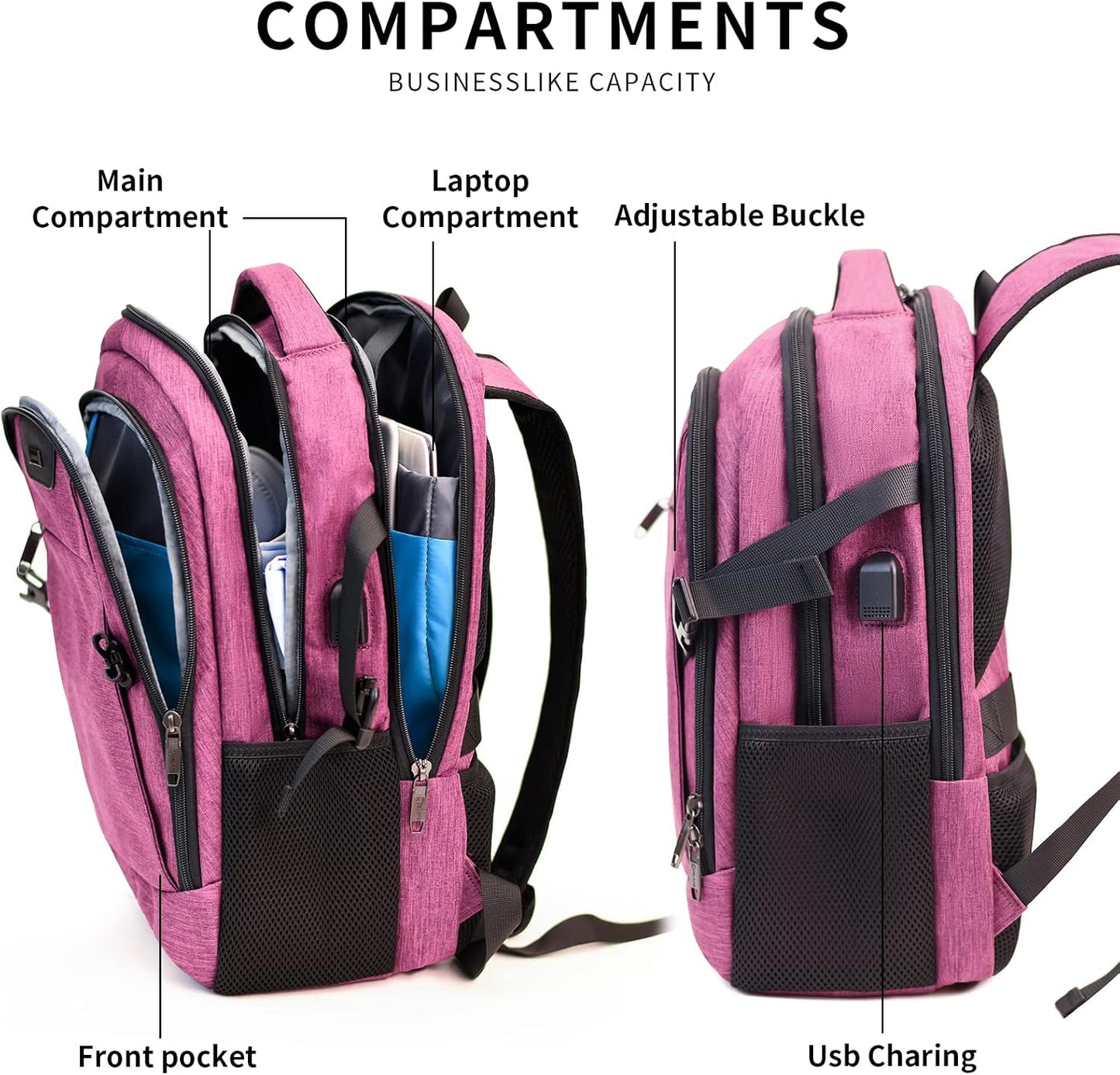 DUSLANG Travel Work Laptop Backpack With USB Charging Port Fits 15.6 15 14 13 Inch Laptop and Notebook Business Anti Theft College Computer Bag Back Pack for Women- Hot Pink