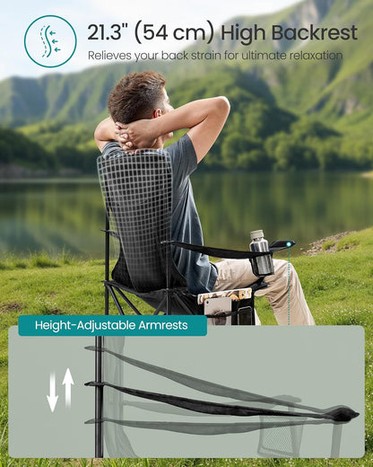 SONGMICS Breathable Camping Chairs, Foldable Outdoor Chairs Set of 2, High Back, Adjustable Armrests, Drink Holder, Weight Capacity 330 lb, for Sports Garden Backyard, Ink Black UGCB028B02