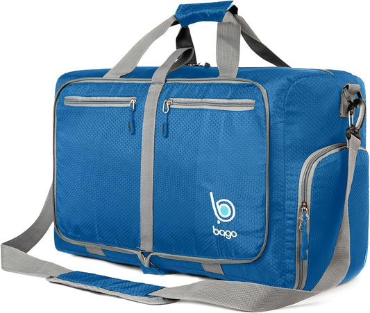 Bago Foldable Duffel Bags for Traveling Women & Men - 40L Sports Packable Duffle Bag for Travel with Shoe Compartment - Water Repellant, Heavy Duty, Lightweight Folding & Collapsible (Blue)