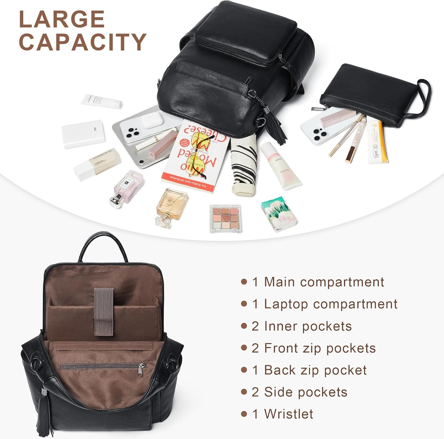 Shrrie Vegan Leather Laptop Backpack for Women 15.6 inch Work Backpack Fashion Travel Backpack Purse for Travel College Work