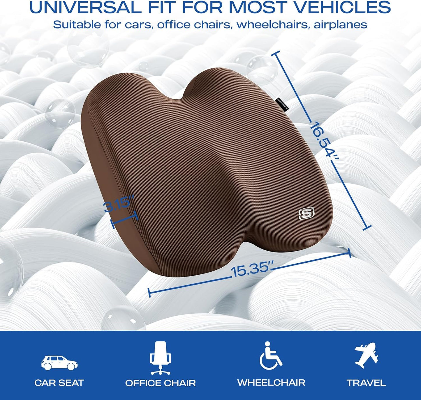 Skechers Memory Foam Seat Cushion,Ribbed Fabric Office Chair Cushion for Tailbone Pain Relief,Butt Pillow for Office Chair,Car Seat Cushion,Long Sitting Office Workers,and Car Drivers,Brown