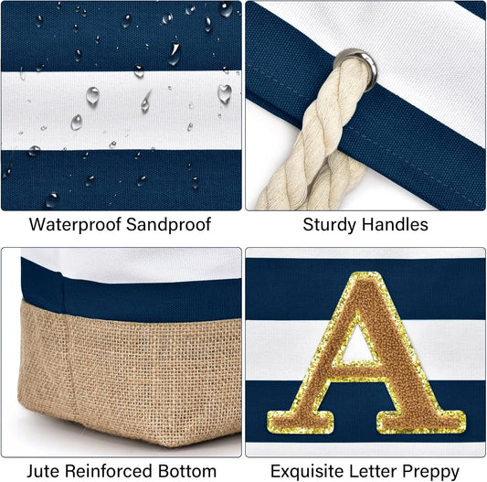 Becokan Beach Bag Initial Beach Tote with Makeup Bag for Travel Work Storage Personalized Birthday Gifts for Women Her