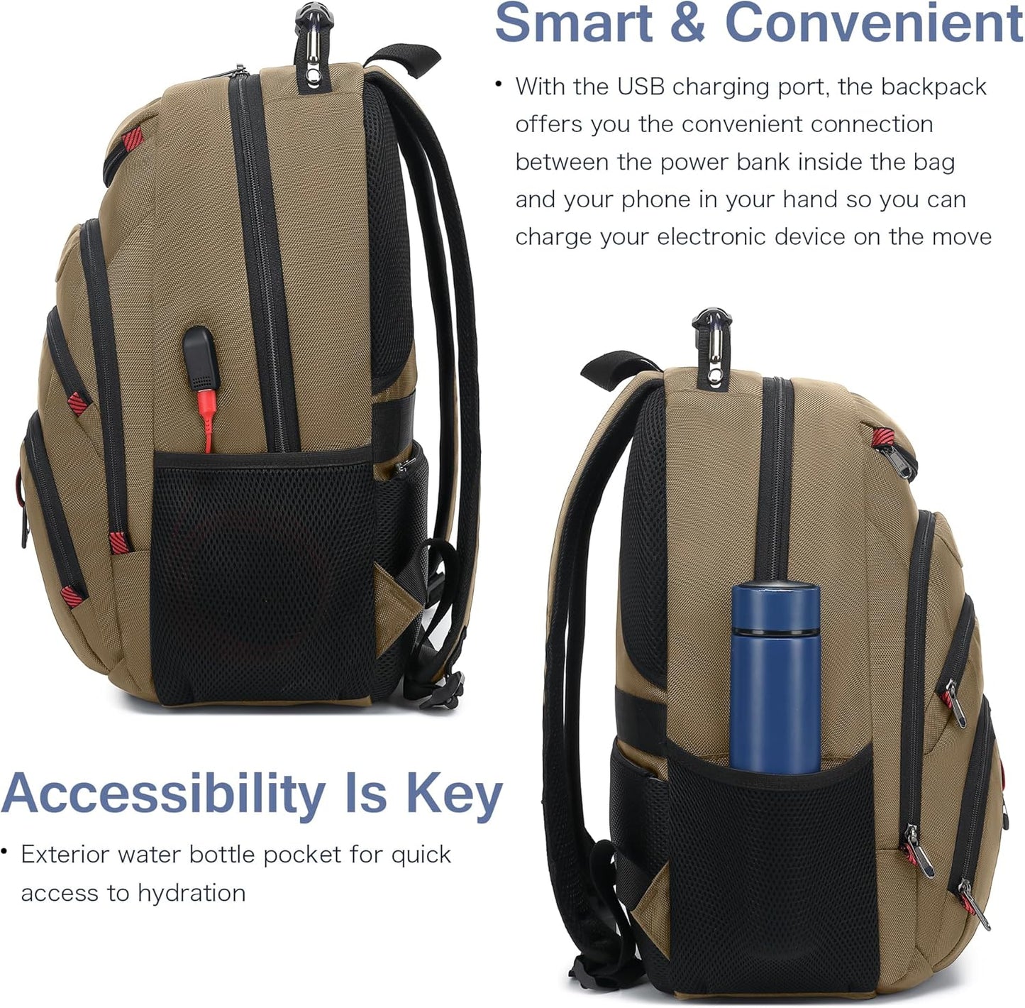 Boavan Laptop Backpack for men, 15.6 inch Laptop Bag with USB Port, Waterproof Travel Work Backpack Purse, Anti-Theft Teacher Nurse Doctor Casual Bookbags Office Business backpack，Khaki