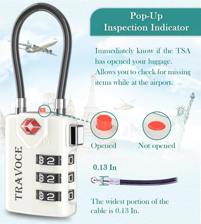 Search Alert TSA Approved Travel Combination Luggage Cable Locks for Suitcase, Gym Locker,Toolbox,Backpack 1,2,4,6 &10 pk (White 2 Pack)