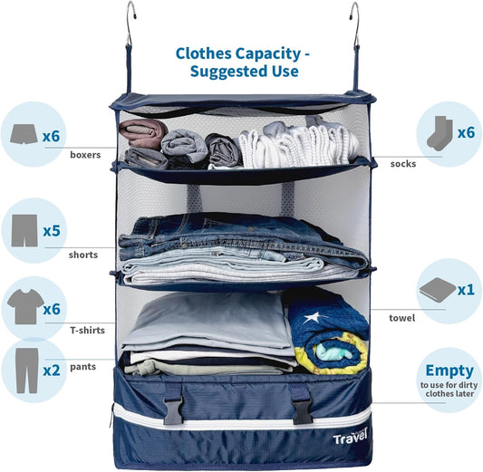 Grand Fusion Stow-N-Go Travel Luggage Organizer – Portable Hanging Travel Shelves, Carry-On Closet Organizer, Hanging Packing Cubes, Collapsible Carry-On Organizer for Cruises & Hotels. Blue - XL