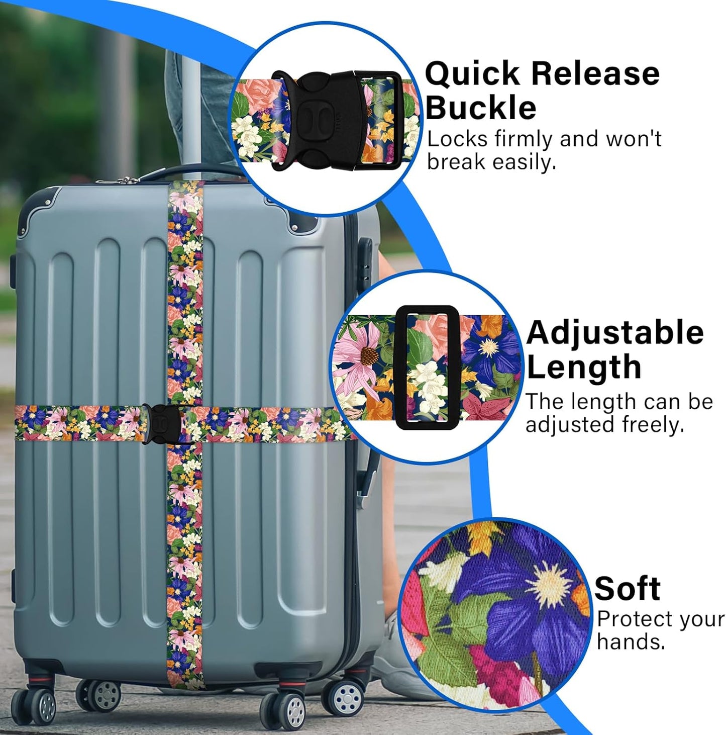 2 Pack Luggage Straps for Suitcases, Adjustable Travel Belt with Double Lock and Quick Release Buckle, Heavy Duty Nylon Bag Packing Strap, Bright Identifiers Business Travel Accessories-Flower Garden