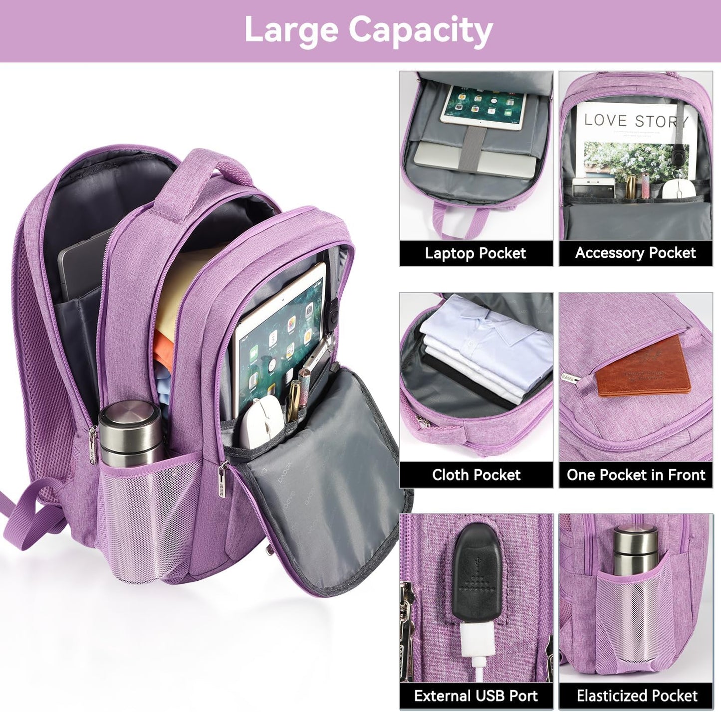 Voova Travel Laptop Backpack, Business Work Laptop Backpack for Women & Men with USB Charging Port, Waterproof Slim Durable College Computer Bag Fits 15.6 Inch Laptops and Notebook, Purple