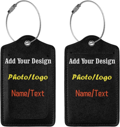 2 Pack Personalized Luggage Tags for Suitcases Travel with Photo Name Logo, Custom Leather Bag Tag for Women Girls Couples, Privacy Cover with Stainless Steel Loop Name Id Card Labels