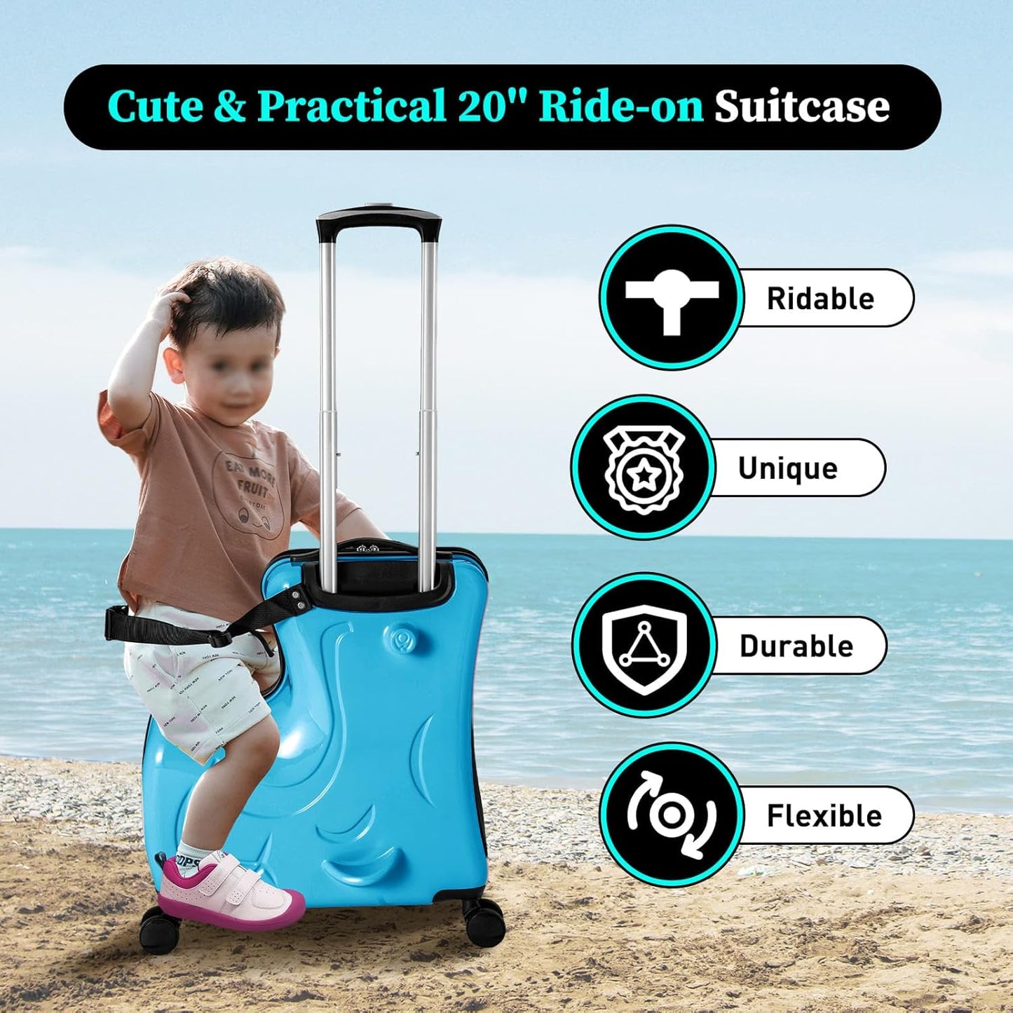 20 Inch Children's Ride On Trolley, Toddler Luggage Seat Ride with Lock, Kid's Ride-on Travel Suitcase with Spinner Wheels, Kids Travel Trolley Riding Luggage Suitcase for Boys Girls Gift, Blue