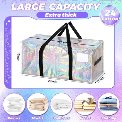 4 Pcs 24 Gallon Large Moving Bags with Zipper and Handles Foldable Storage Duffle Bags Heavy Duty Extra Large Totes for College Dorm Travel Clothes Blankets Bedding Moving (Iridescent)