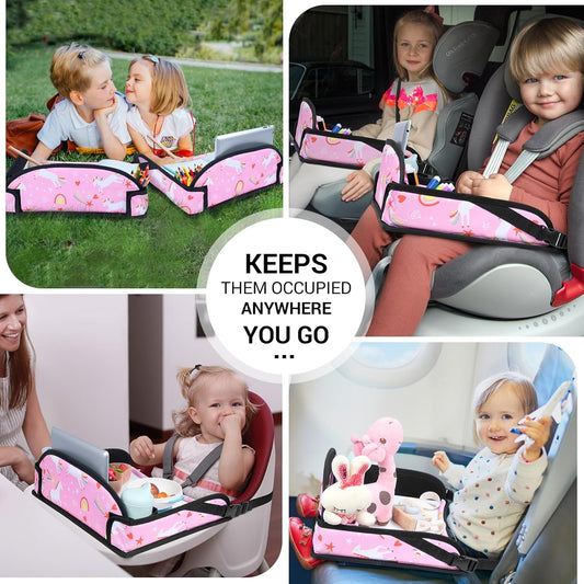 COOLBEBE Kids Travel Tray for Toddler Car Seat, Travel Tray for Airplane, Toddler Car Seat Lap Tray, Carseat Table Tray for Kids Travel Activities (Pink Unicorn -2PCS)