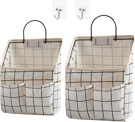 2 Pack Wall Hanging Storage Bags, Organizer with Pockets, Storage for Dormitory Bathroom Bedroom Kitchen (White Grid)