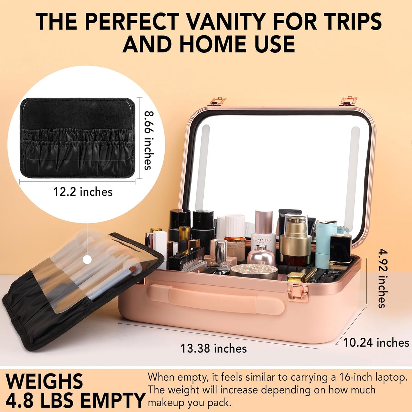 Lighted Makeup Case with Mirror - Large Size 13.4" x 10.2" - Travel Makeup Case With Mirror - Rechargeable LED Travel Vanity Case with Adjustable Brightness - Train Case Makeup Bag - Pink