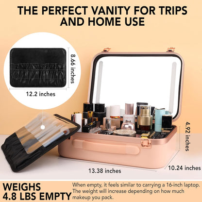 Lighted Makeup Case with Mirror - Large Size 13.4" x 10.2" - Travel Makeup Case With Mirror - Rechargeable LED Travel Vanity Case with Adjustable Brightness - Train Case Makeup Bag - Pink