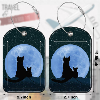 2 Pack Luggage Tag for Suitcase Cat Under The Moon Leather Suitcase Tags with Privacy Name ID Label and Stainless Steel Loop for Travel Bag