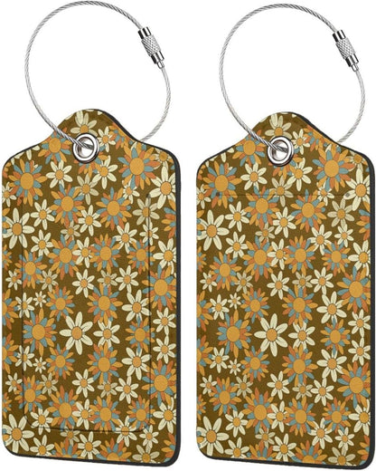 Flowers Leather Luggage Tag with Stainless Steel Ring, Fun Name Id Card Cover Travel Bag Tag Set, Suitable for Travel Bag Luggage Women Men 4 PCS