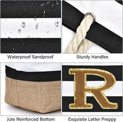 Becokan Beach Bag Initial Beach Tote with Makeup Bag for Travel Work Storage Personalized Birthday Gifts for Women Her