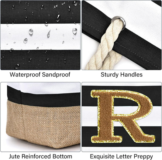 Becokan Beach Bag Initial Beach Tote with Makeup Bag for Travel Work Storage Personalized Birthday Gifts for Women Her