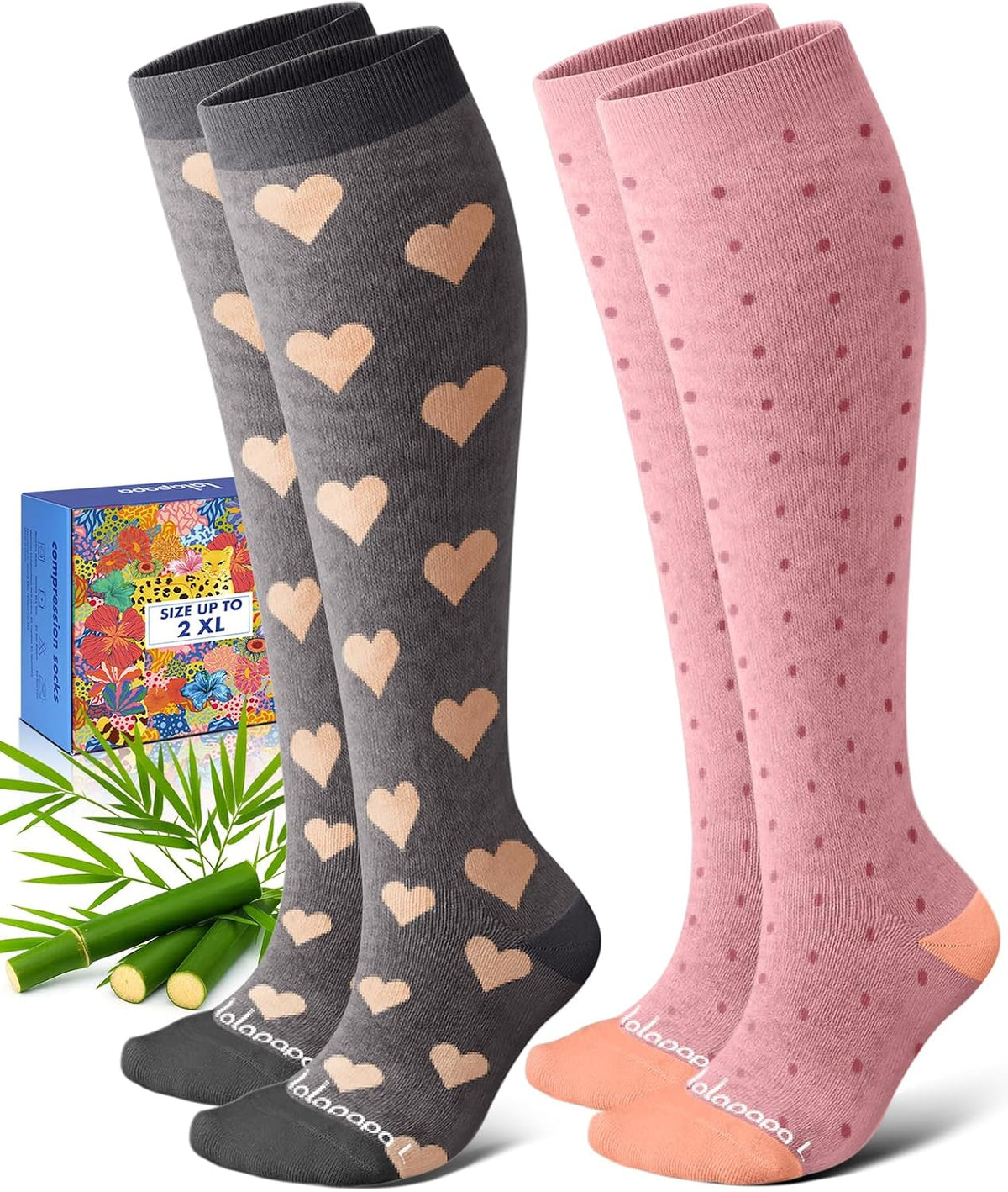 Bamboo Viscose Compression Socks for Women Men 2 Pairs 15-20mmHg Knee High Compression Socks Travel Nurse