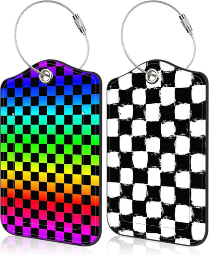 2 Pack Luggage Tags Rainbow Squares and Checkered Flag PU Leather Baggage Tag with Privacy Cover Stainless Steel Loop and Name ID Card for Men Women Travel Bag Luggage Accessories