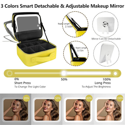 MOMIRA Travel Makeup Bag Cosmetic Bag Makeup Organizer Bag with Large Lighted Mirror 3 Color Scenarios Adjustable Brightness,Yellow