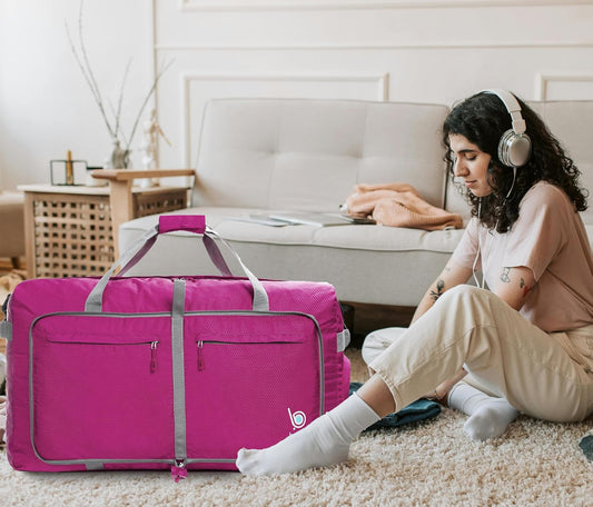 Bago Large Foldable Duffel Bags for Traveling Women & Men - 100L Packable Duffle Bag for Travel with Shoe Compartment - Water Repellant, Heavy Duty, Lightweight Folding & Collapsible (Pink)